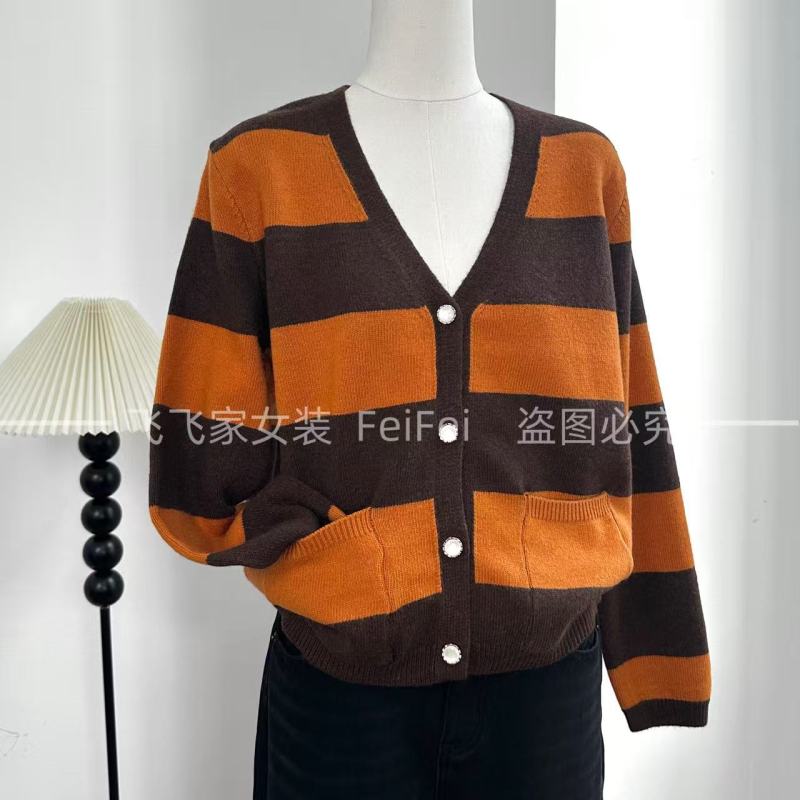 飞飞家1口袋美拉德！！品牌连锁订单~宽条纹#毛衣秋冬显白女T147橘