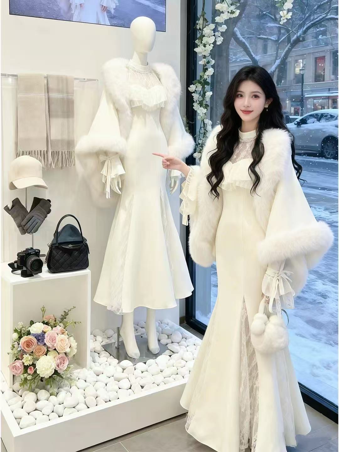 小洋装套装绝美巨好看蕾丝拼接连衣裙斗篷外套两件套