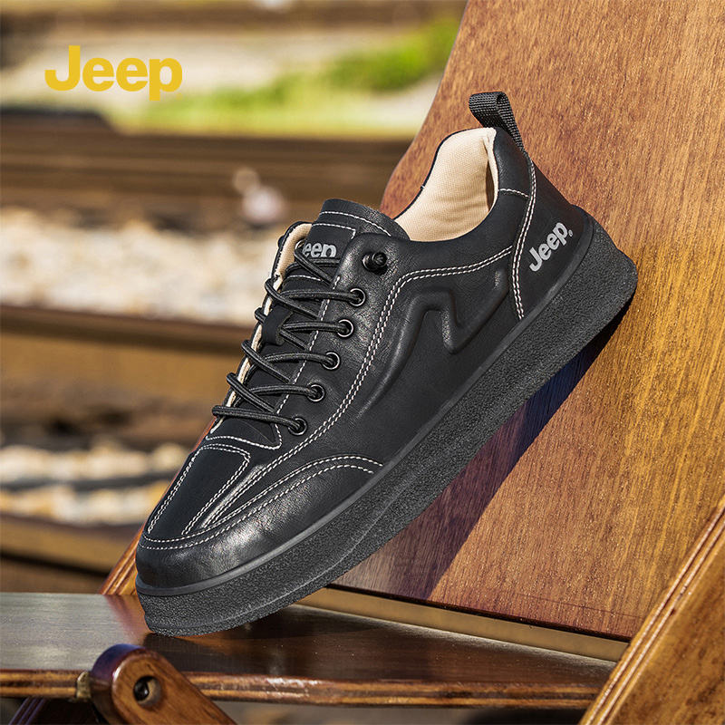 Jeep男鞋2025新款春季软底黑色防滑板鞋男百搭工作上班休闲皮鞋