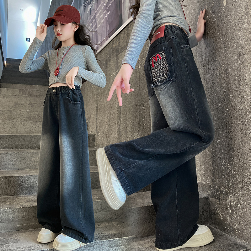女童牛仔直筒牛仔裤中大童6-12岁秋装裤子2025新款韩版显瘦阔腿裤