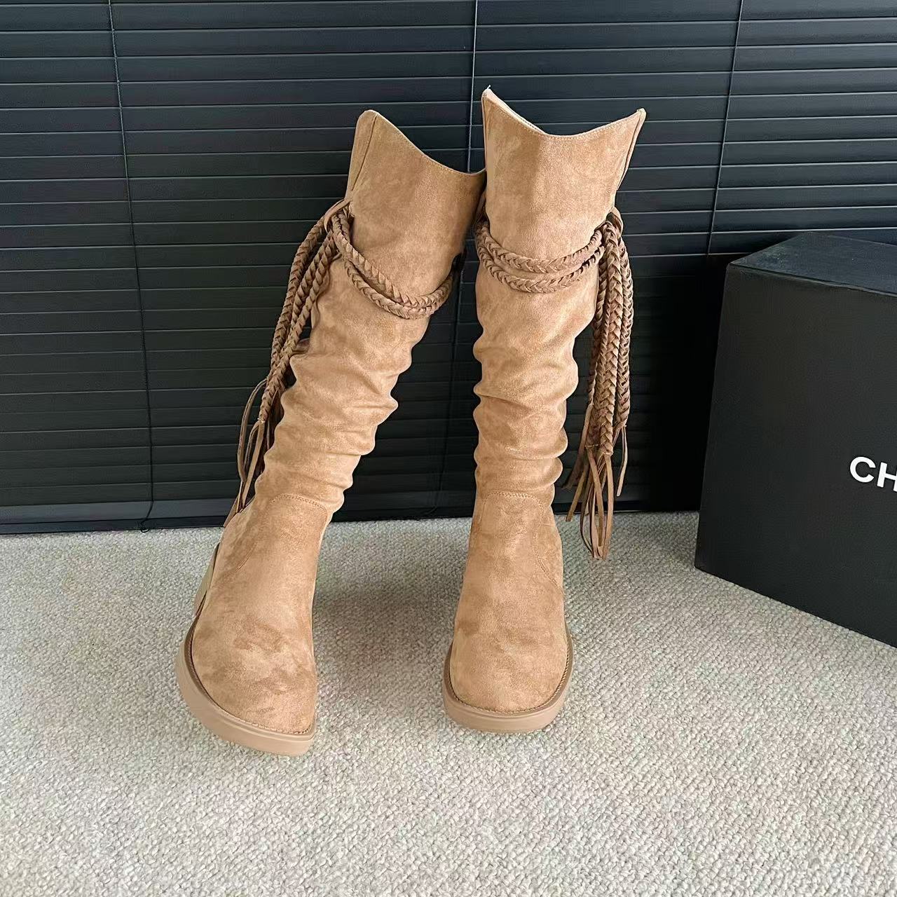 【芳芳私人定制】废土风流苏编织带粗跟堆堆中筒靴女