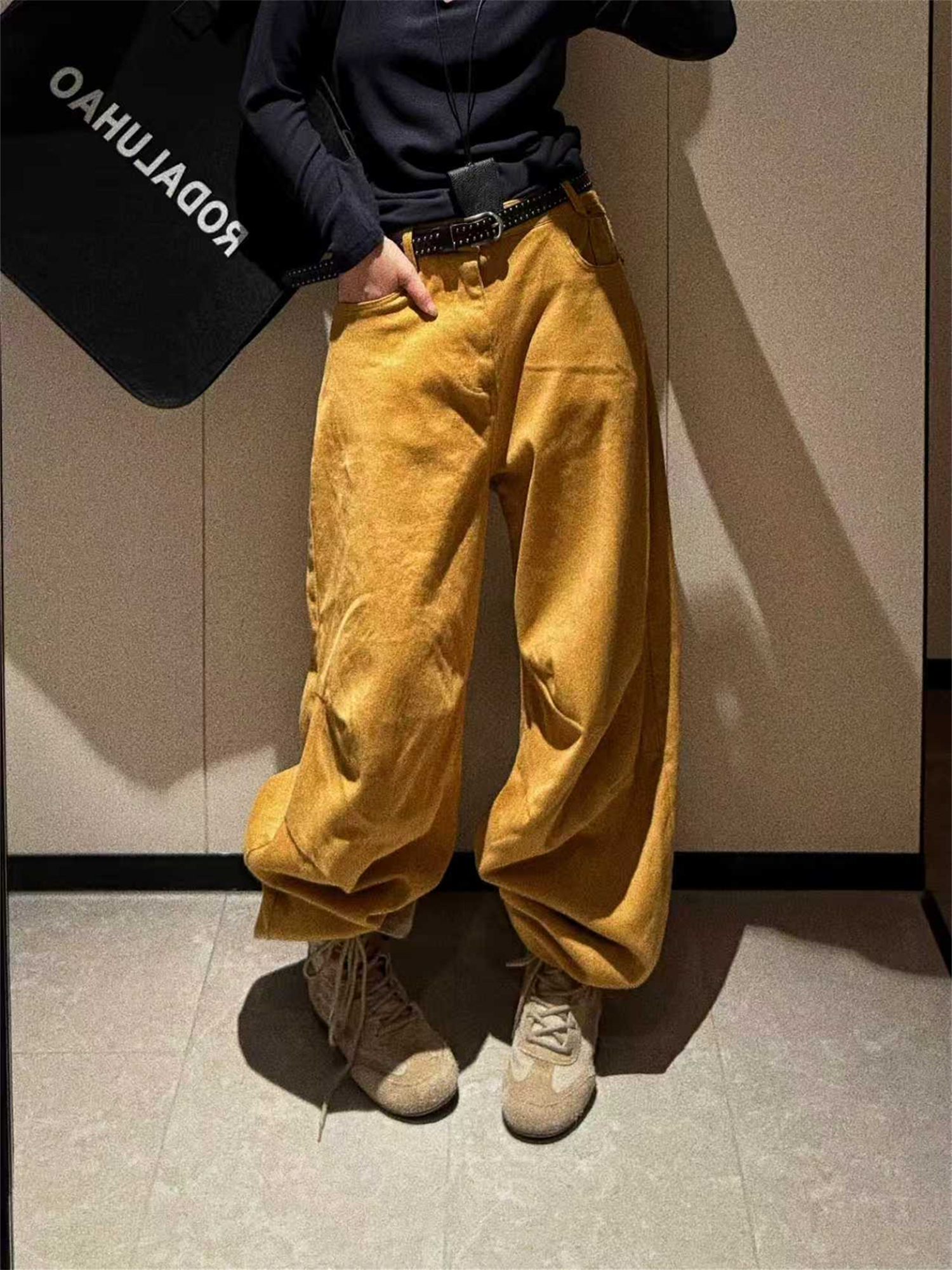 欧洲站冬季加绒加厚水洗牛仔裤美式高腰休闲纯色做旧大码阔腿裤女