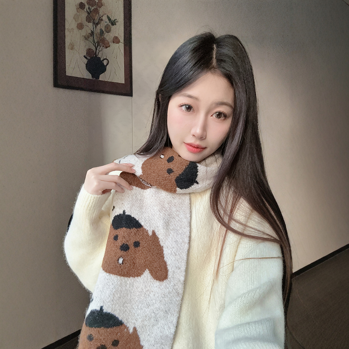 卡通针织围巾女秋冬加绒加厚保暖可爱百搭毛绒围脖高级氛围感披肩