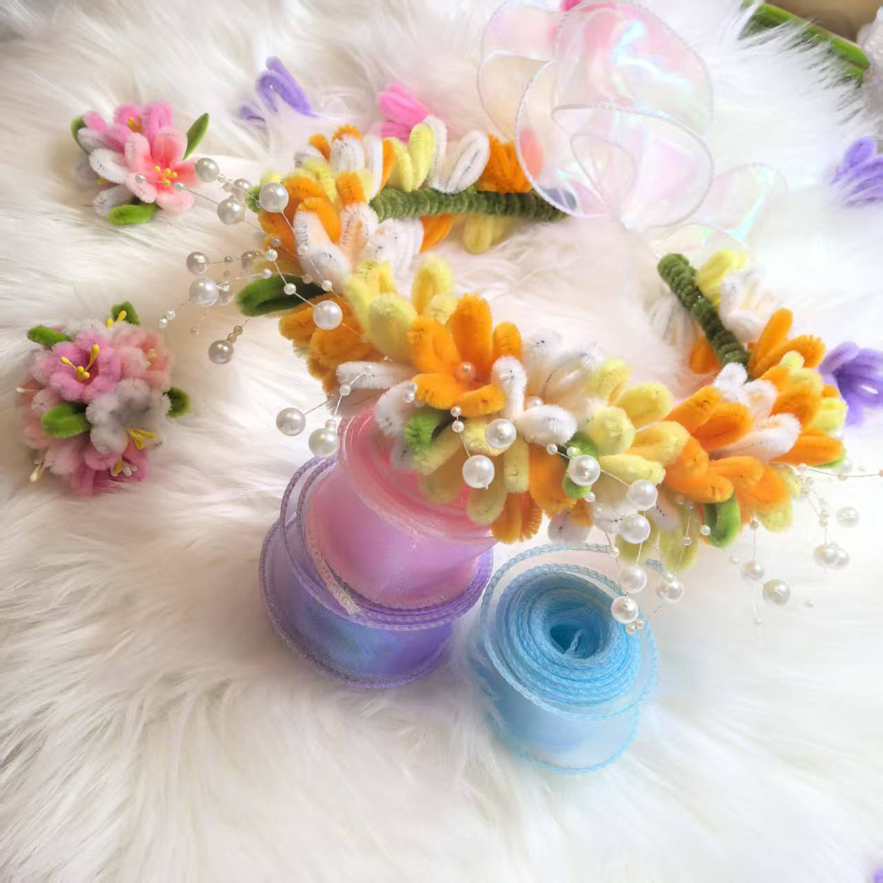 花环批发儿童向日葵簪花加密扭扭棒手工diy成品发箍发饰氛围感