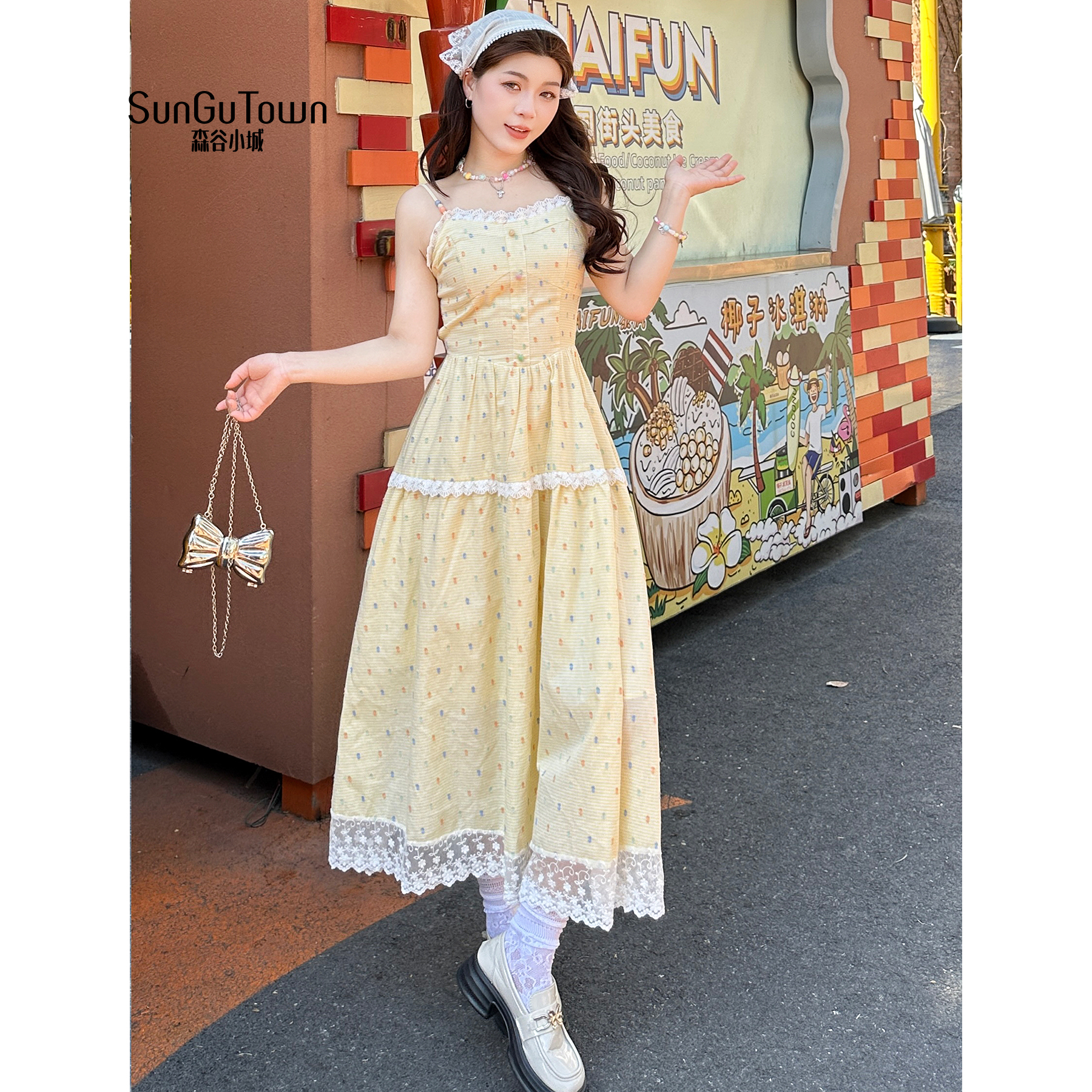 森谷小城夏季彩点长款吊带显瘦气质甜美连衣裙5BLQ-T00117