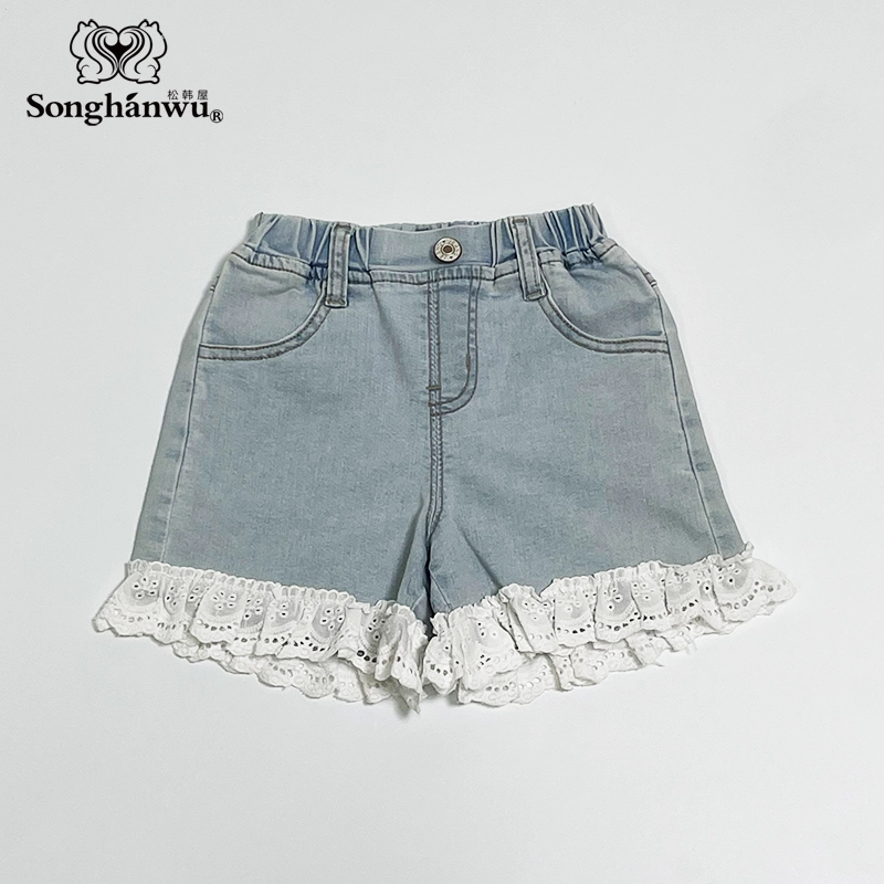 松韩屋公主风蕾丝薄款夏季牛仔裤时尚碎花女童拼接裤子 49号