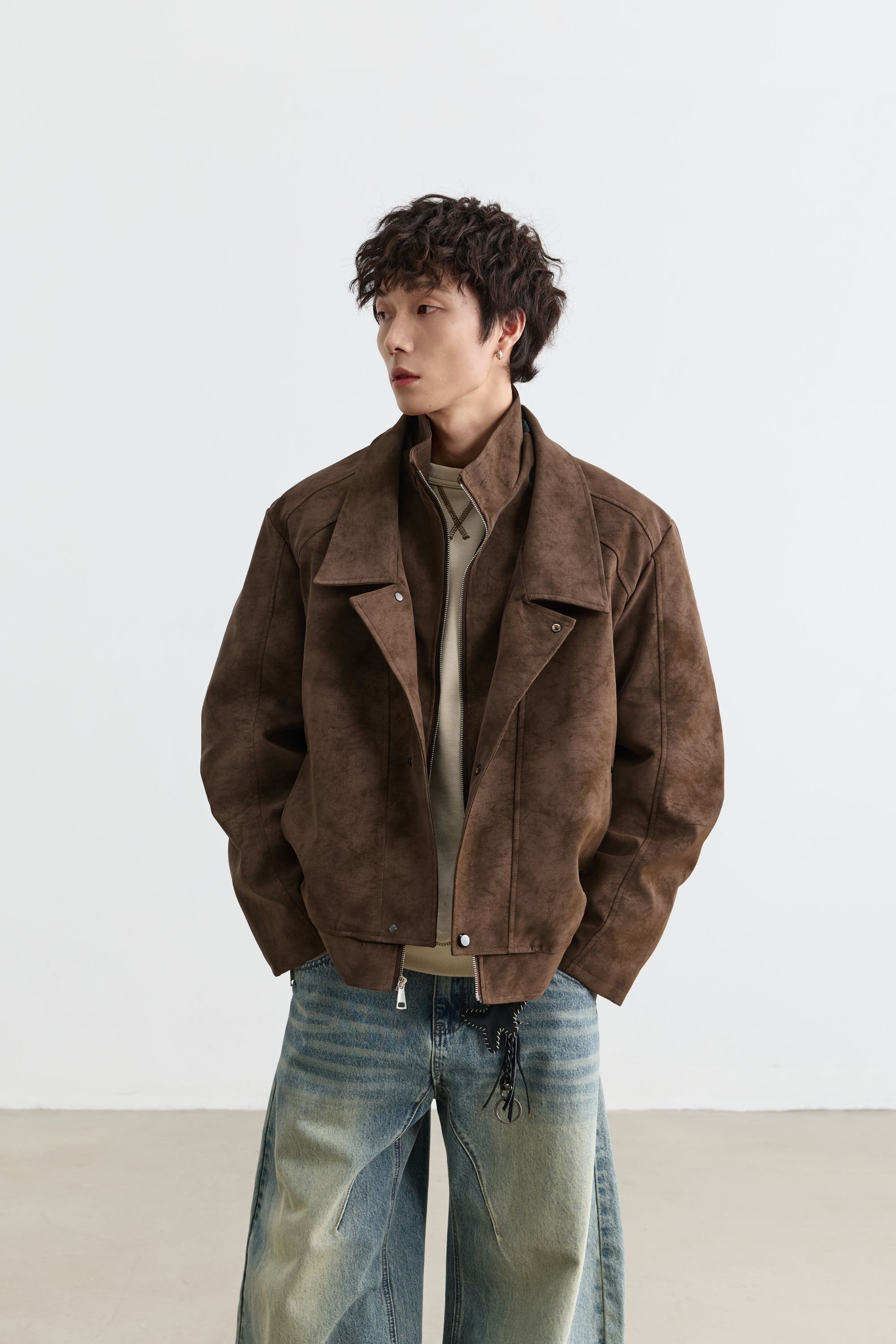 秋冬款复古棕色加厚男士外套美式仿麂皮男生秋冬外套夹克短款高级