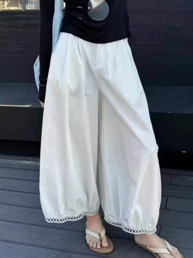 夏季高腰百搭镂空蕾丝花边阔腿灯笼九分休闲裤