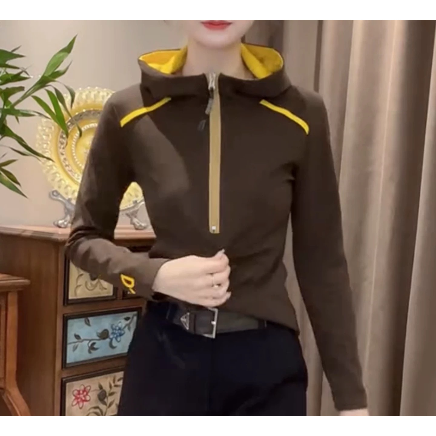 高级感气质休闲韩版T恤女25秋冬新款拼色连帽半拉链修身显瘦上衣