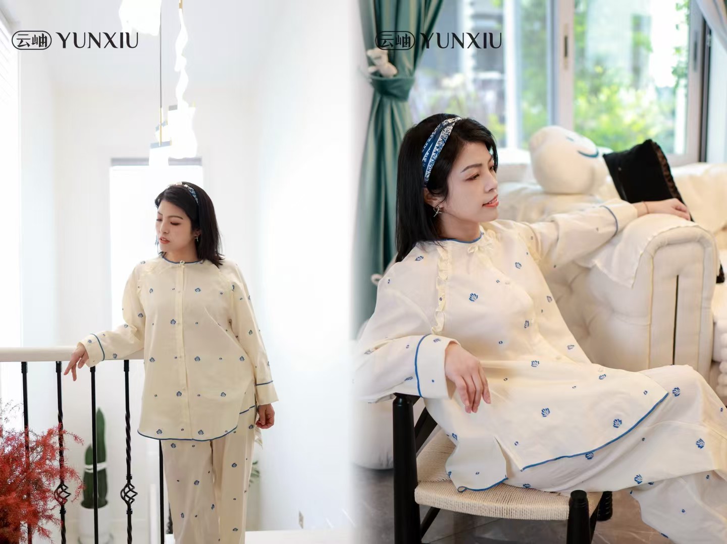 女士春夏圆领睡衣纯棉外剪花长袖家居服