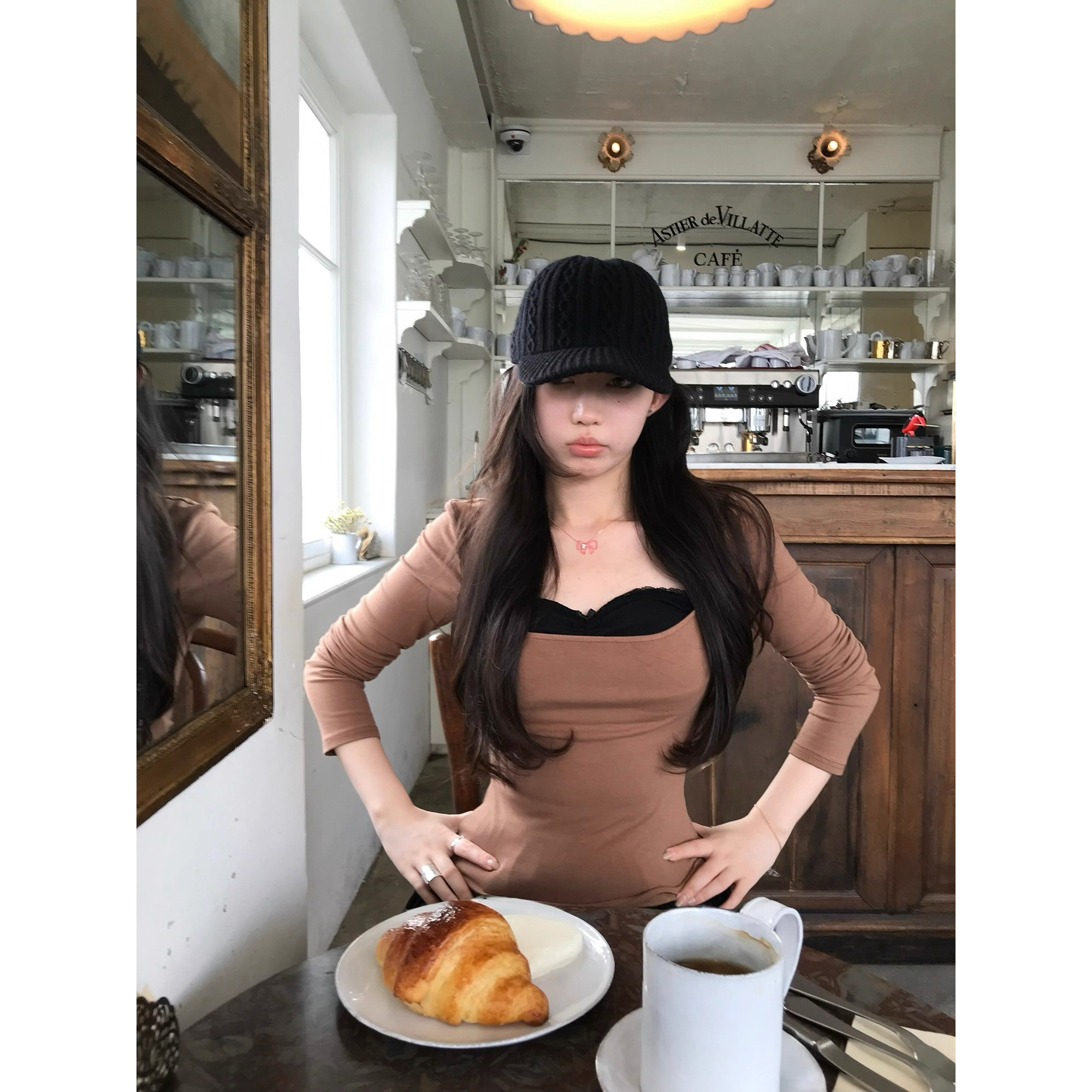 sheepland摩卡黑巧大方领拼接假两件长袖t恤女秋冬显瘦内搭打底衫