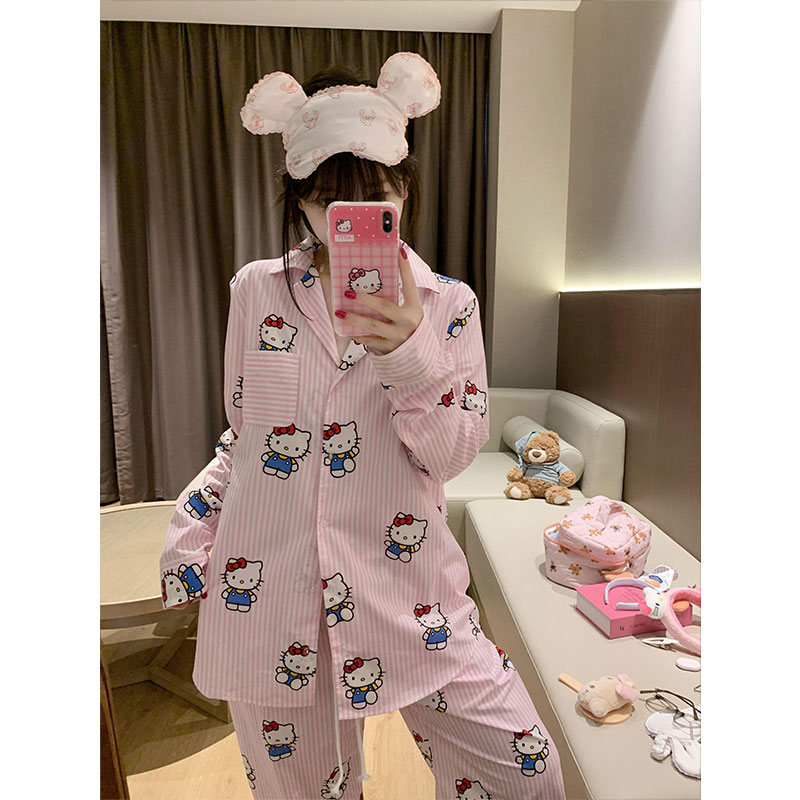 粉色条纹可爱Kitty睡衣女春秋季爆款甜美少女长袖长裤家居服套装