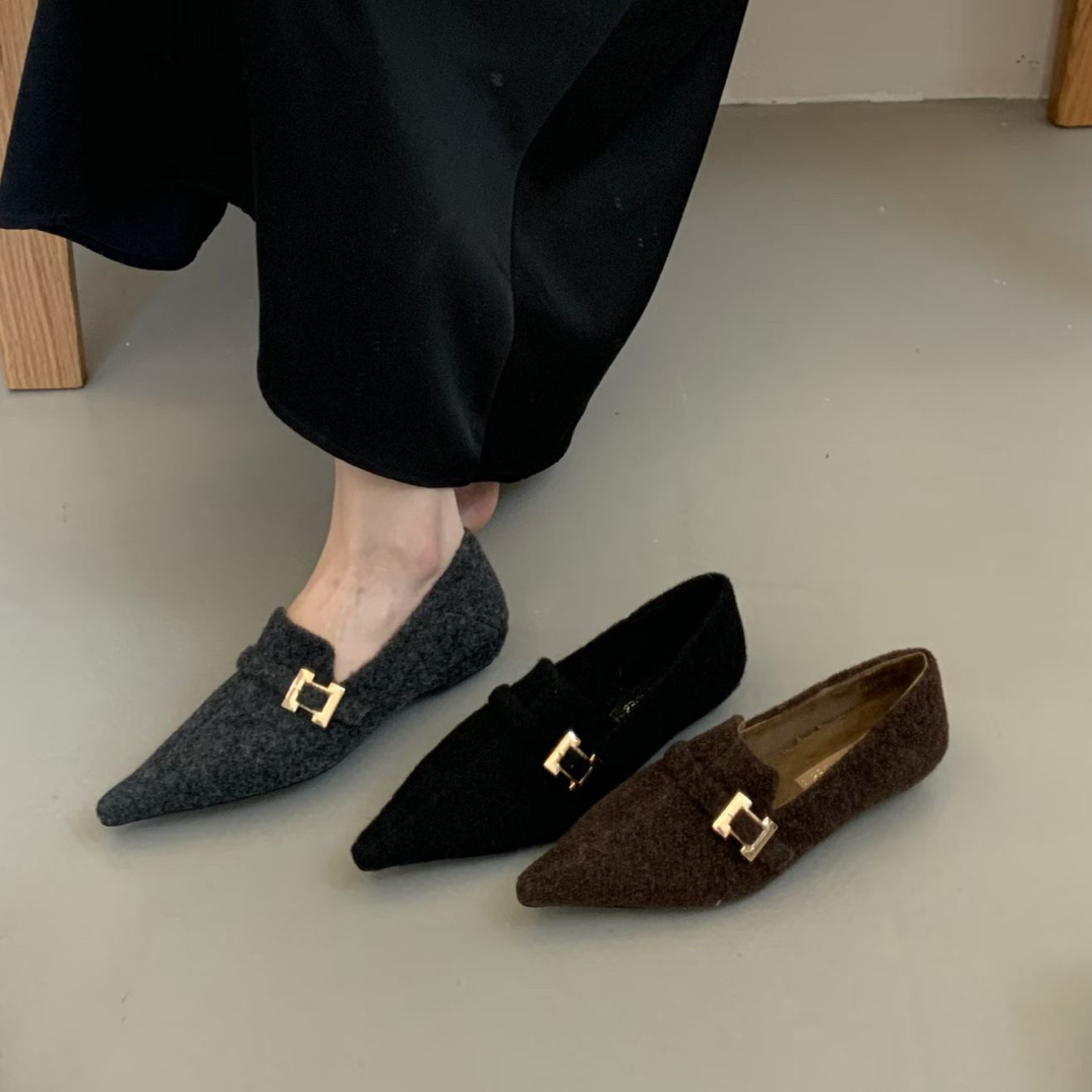 AL 2025年秋冬季新款尖头皮带扣呢子料加绒深口高跟鞋女