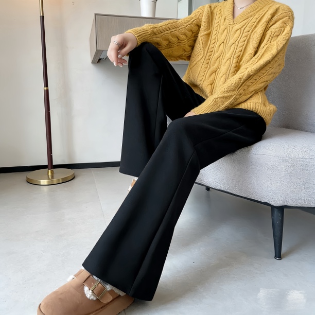 2025大码女裤黑色高腰加绒加厚女士秋冬显瘦百搭休闲微喇休闲裤子