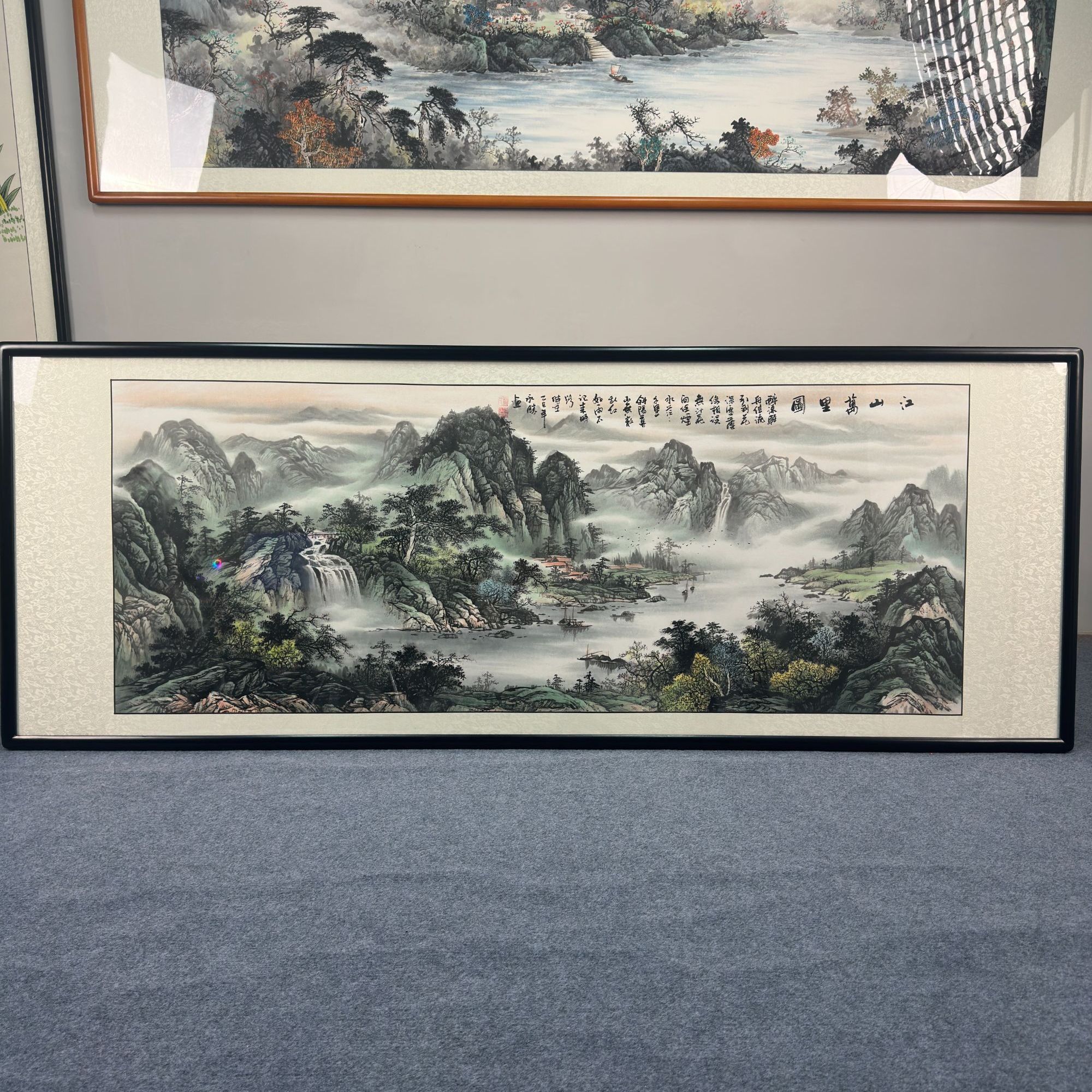 纯手绘-江山万里215X85新中式山水国画客厅办公室挂画背景墙挂画