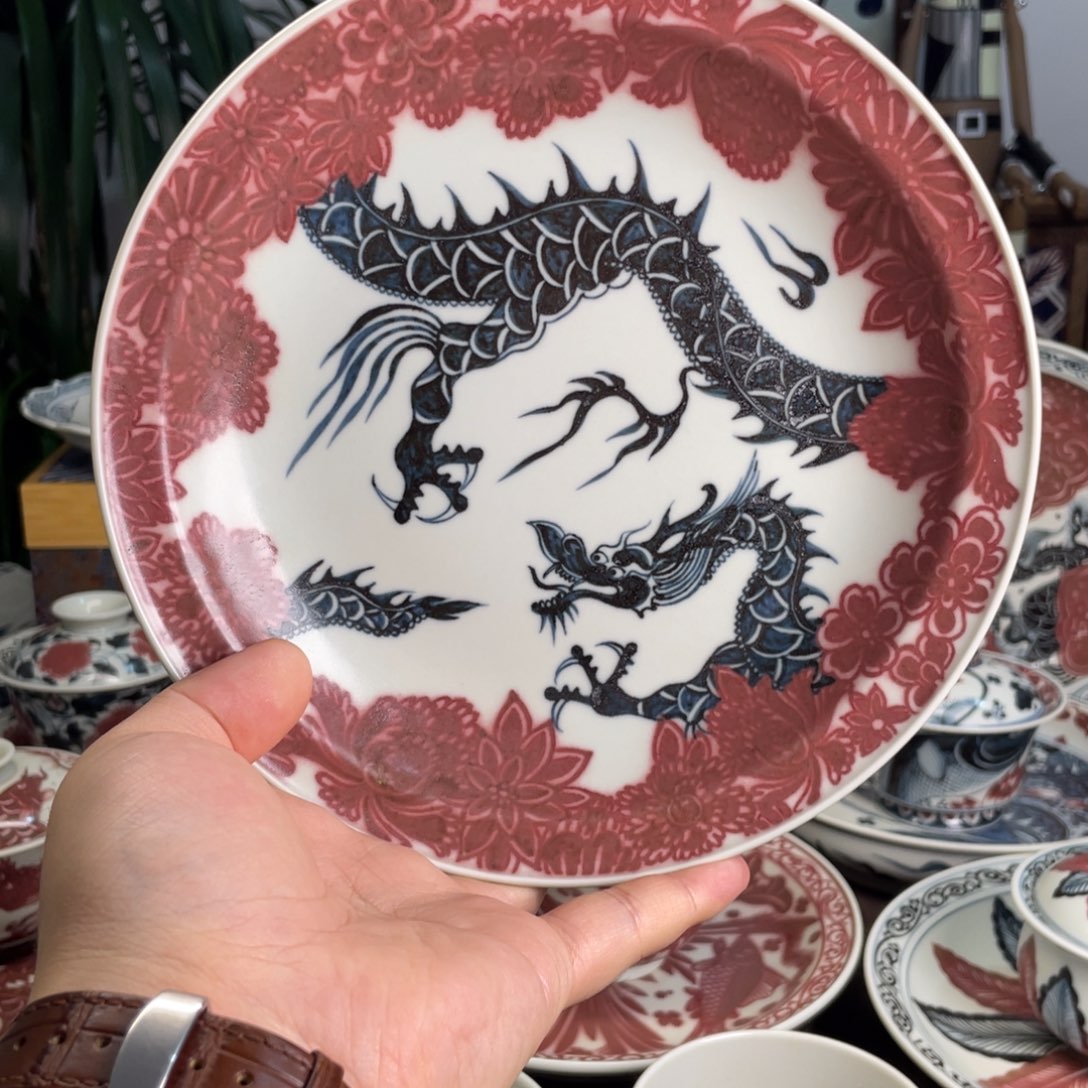 青花釉里红花卉龙壶承