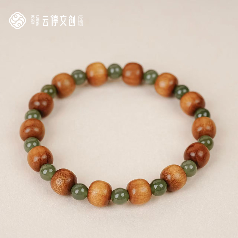 显眼宝1号和田玉湖水绿金丝楠木约8*9mm手串多样性发其一A2M023