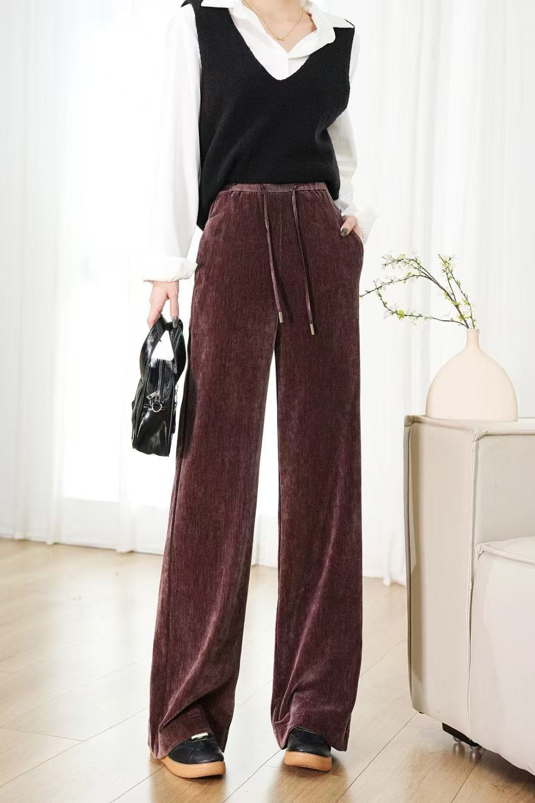 金丝绒直筒阔腿长裤