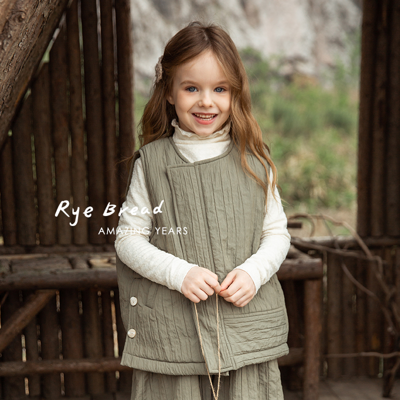 ryebread/黑面包童装 韩系单排暗扣女中大童加绒休闲马甲4春秋