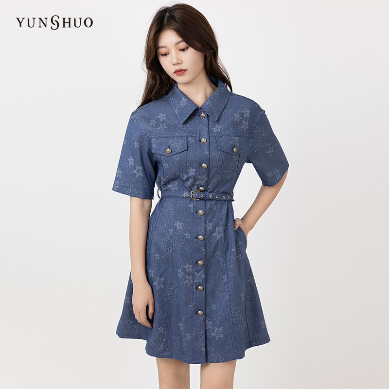 YUNSHUO允硕2024夏季时尚百搭气质休闲显瘦复古牛仔连衣裙 566357