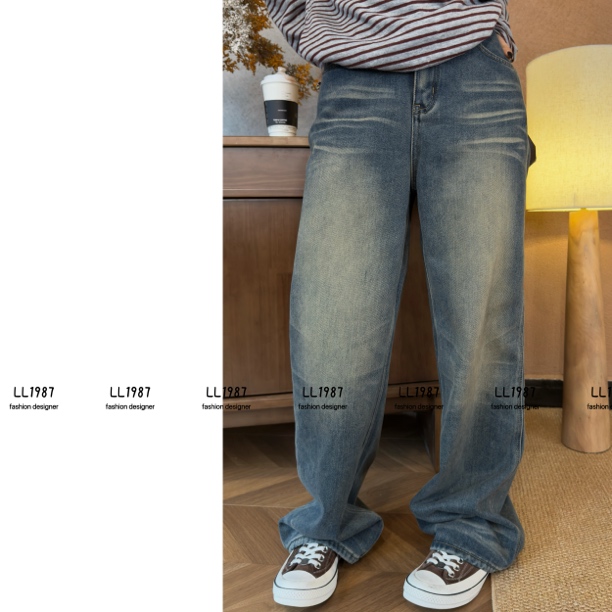 HY罗罗【拉绒做旧】秋冬显瘦做设计感直筒牛仔裤设计师款时尚百搭