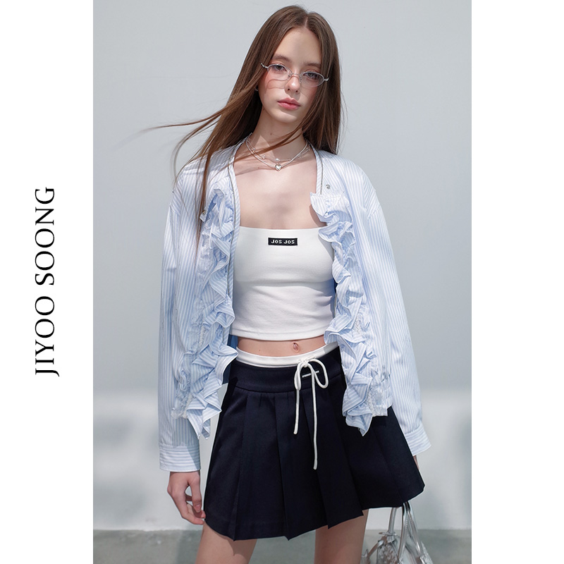 JIYOOSOONG | 原创琉光烫银条纹荷叶边长袖衬衫流光风外套