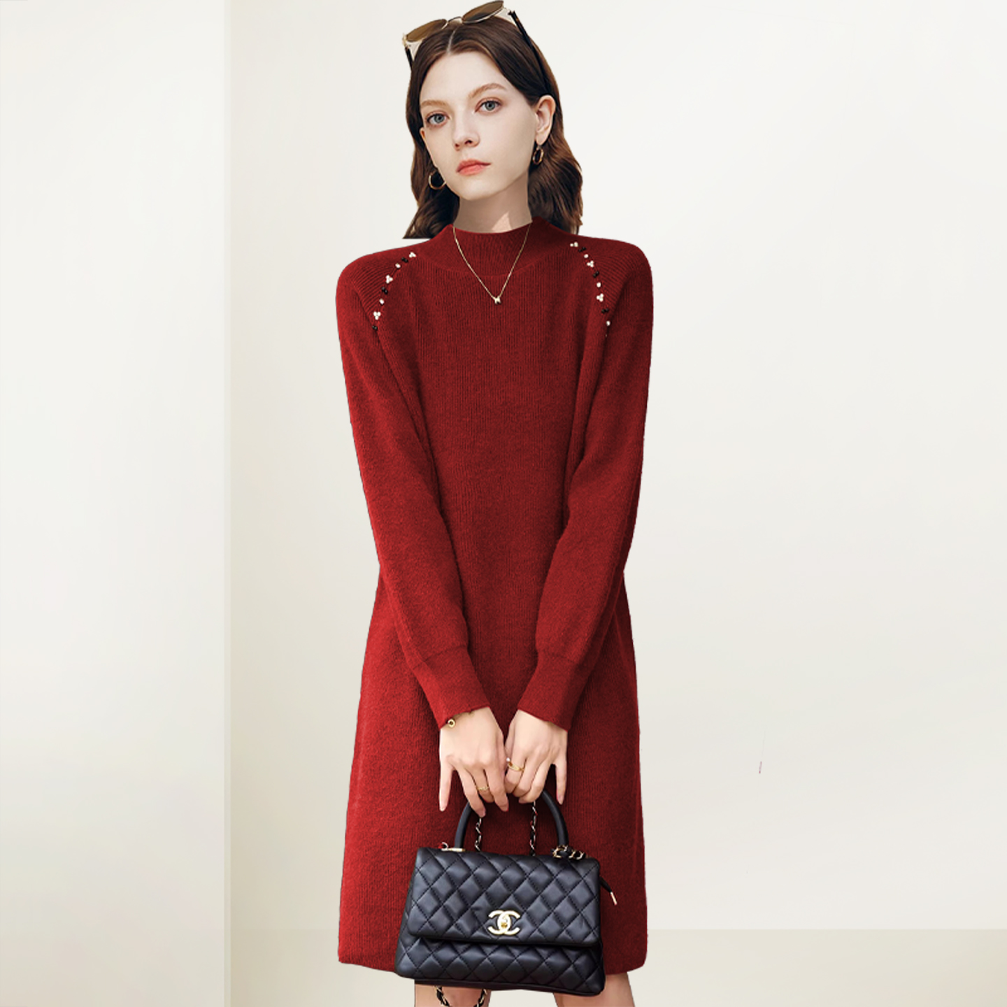 QOOEL法式半高领气质针织裙2025冬季新款修身打底衫套头百搭毛衣