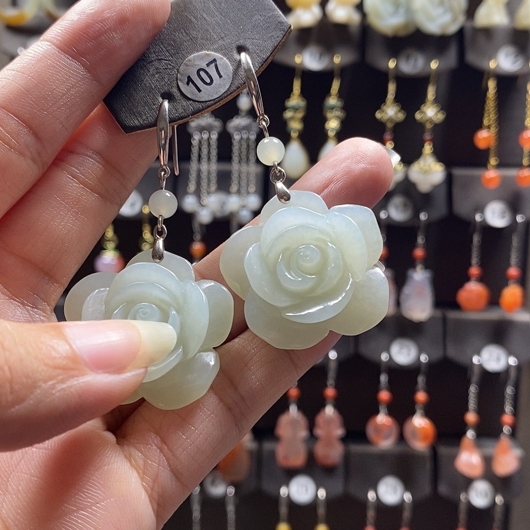 和田玉银S925镶嵌耳饰田*