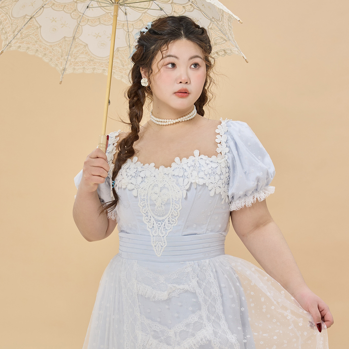 LaceMade大码女装 天堂岛浪花 法式清新氧气感蓝色收腰网纱连衣裙