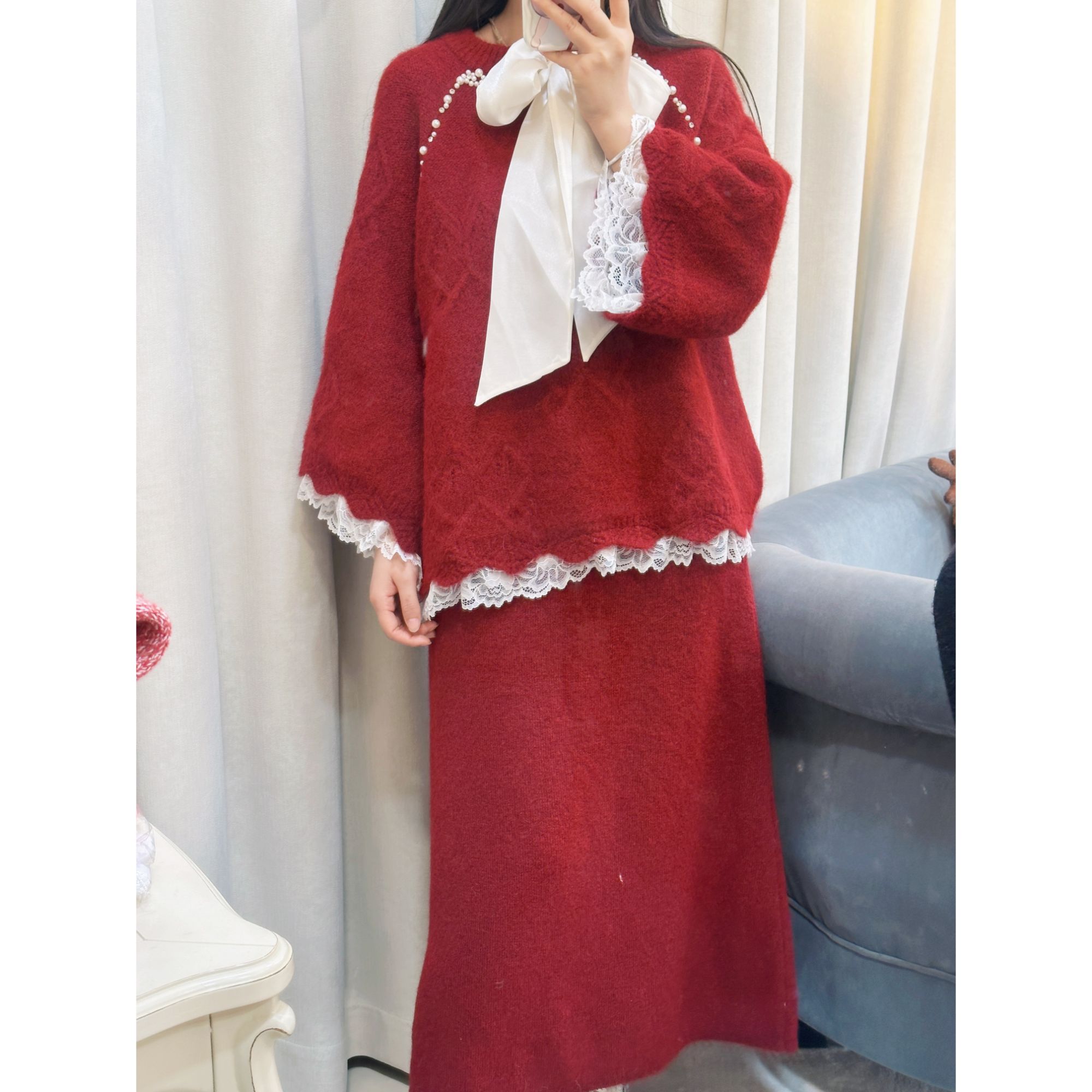新年红珍珠蕾丝针织套装 毛衣半身长裙两件套大码女钩花