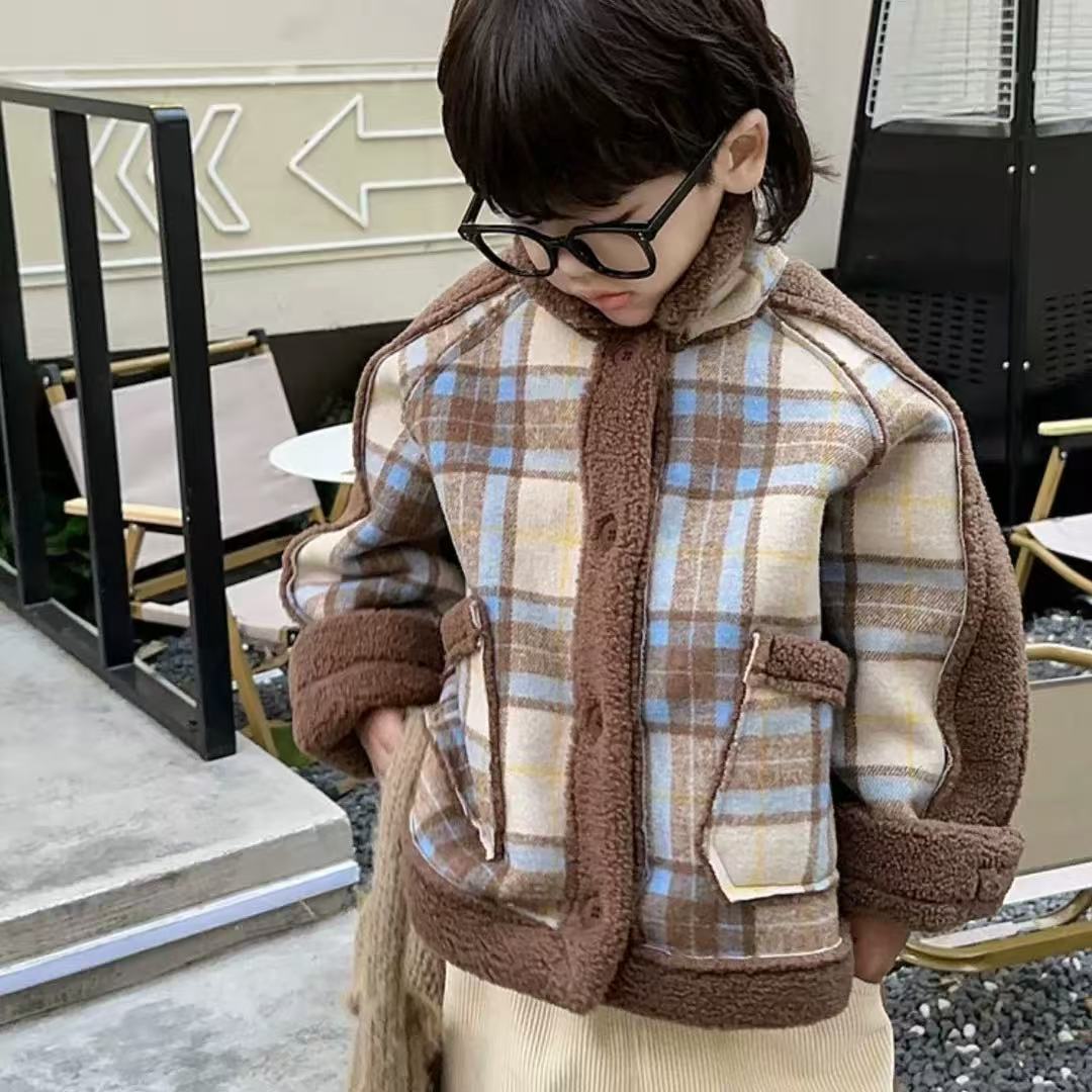 A5610男女童时尚洋气潮流休闲百搭秋冬季拼接毛毛格子外套