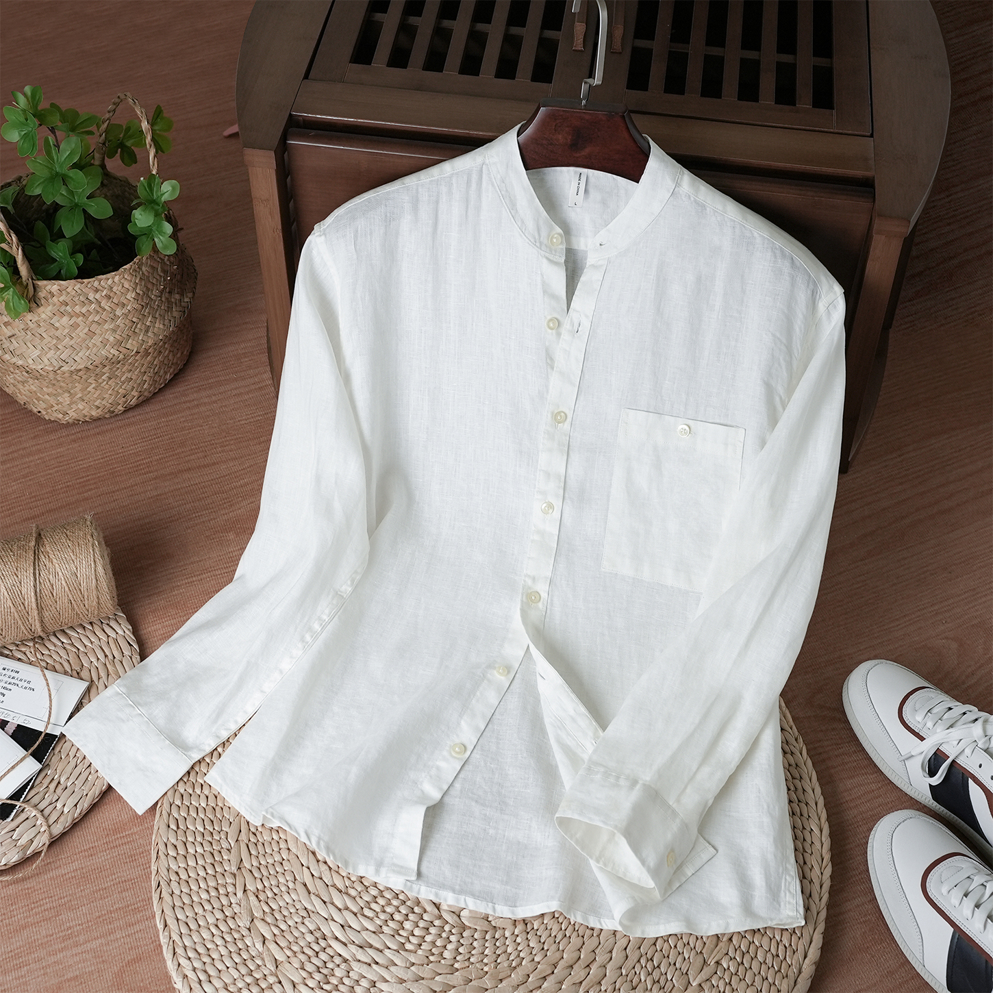 麻尚生活2025夏季新款纯亚麻国风长袖衬衫男装口袋设计立领休闲