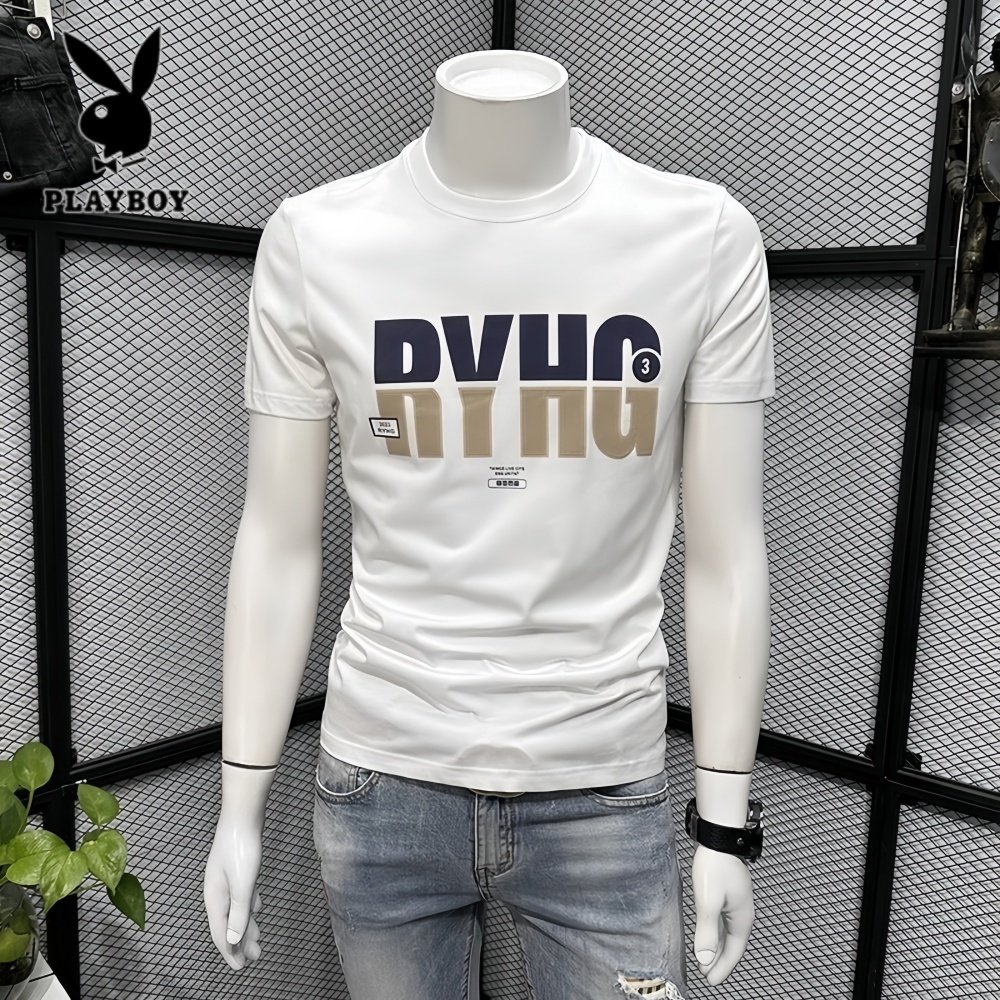 PLAYBOY/花花公子夏季青年时尚修身圆领字母印花男士百搭短袖t恤