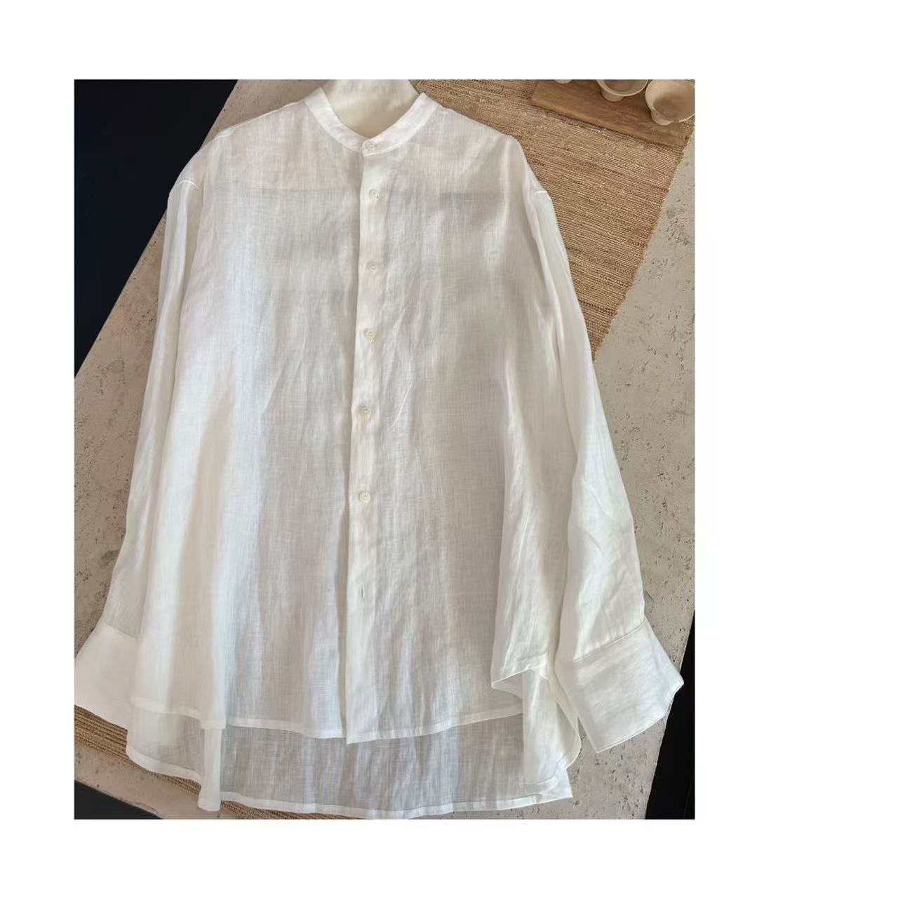 法式简约亚麻白色夏季防晒薄款衬衫