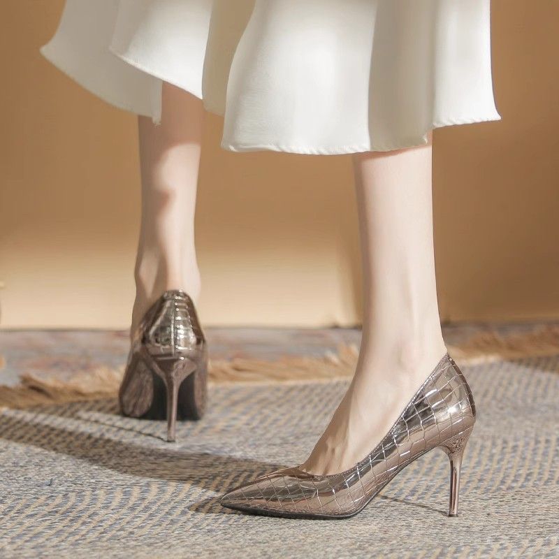 枪色高跟鞋女2025新款性感格子尖头细跟百搭气质黑色职业工作单鞋