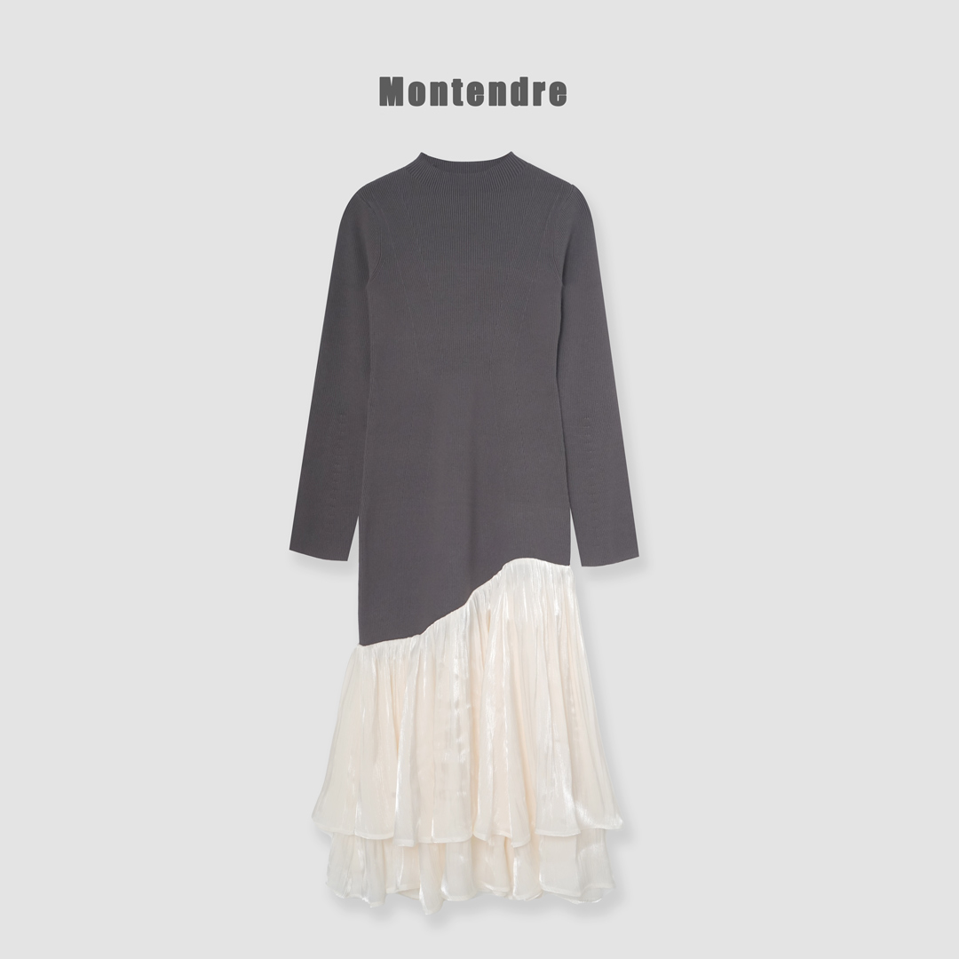 【Montendre】秋冬新款 G  圆领时尚罗纹针织拼接撞色光泽感连衣裙