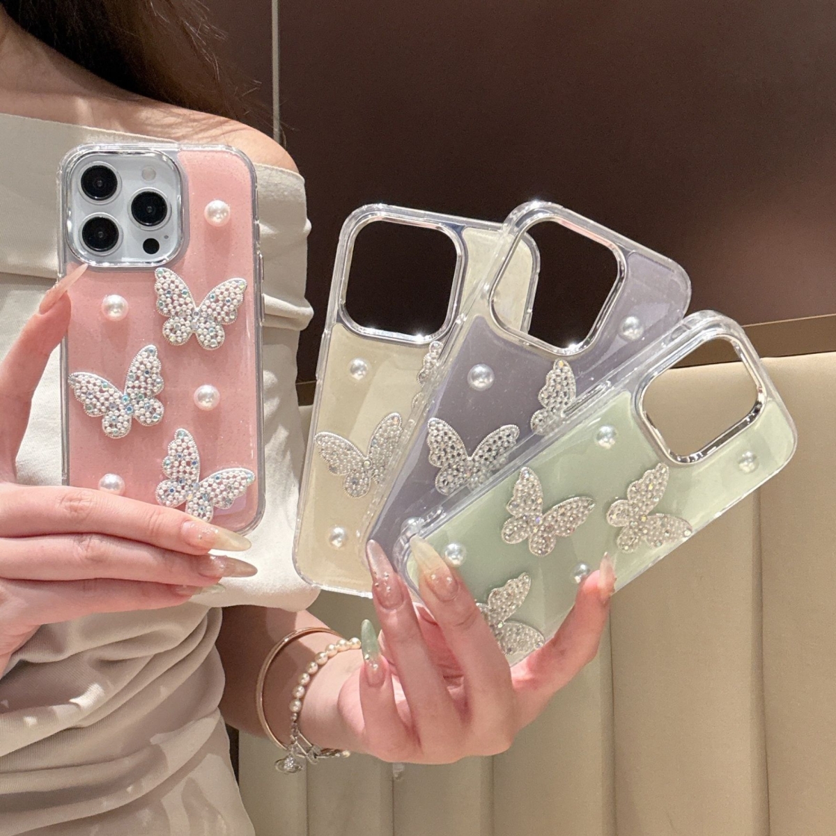 新款银框少女气质珍珠蝴蝶糖果闪粉果冻壳适用苹果16ProMax手机