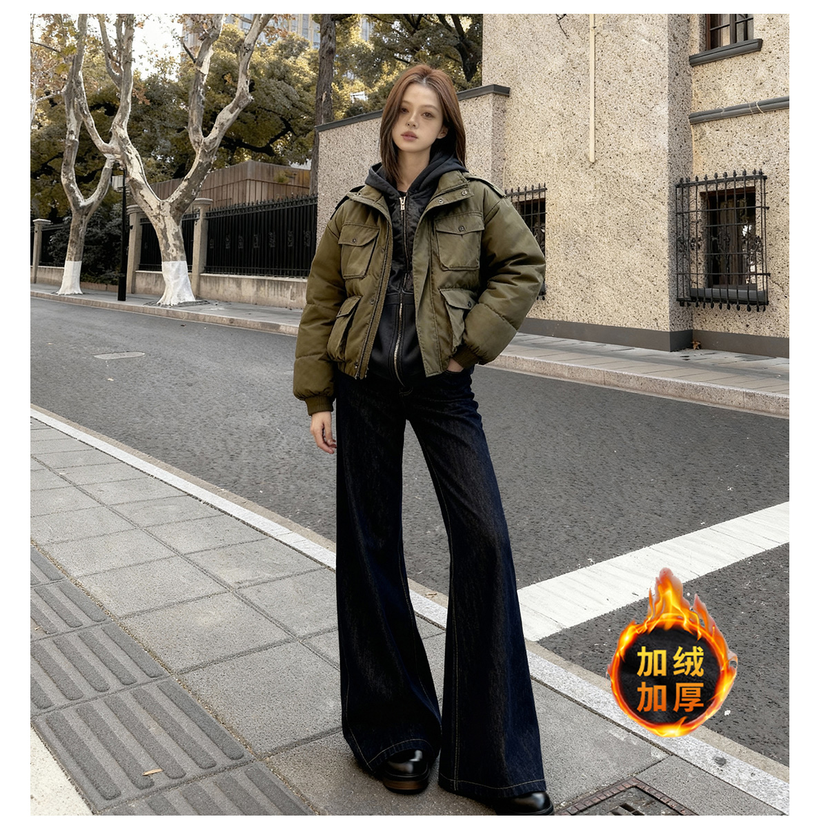 【阿倩专属】秋冬美式加厚原牛INS风蓝黑色不贴腿显瘦宽松微喇牛仔