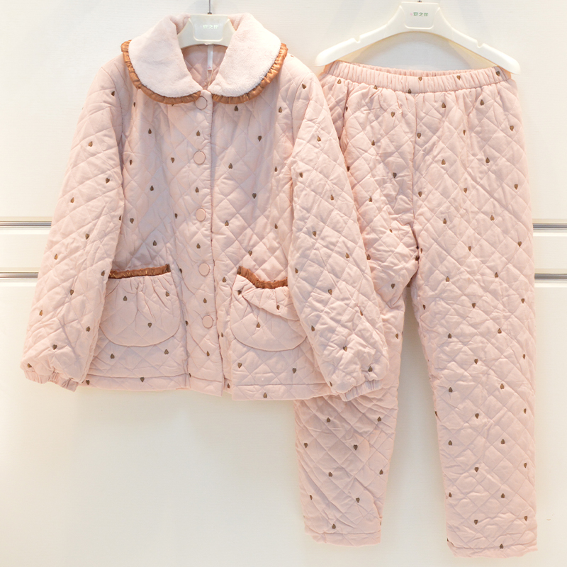 安之伴睡衣2秋冬季女士60支梭织竹节薄夹棉爱心保暖家居服120824