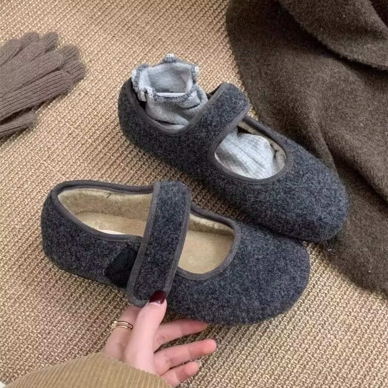 灰色毛毛鞋女冬外穿新款加绒保暖棉鞋豆豆鞋软平底呢子单鞋勃肯鞋