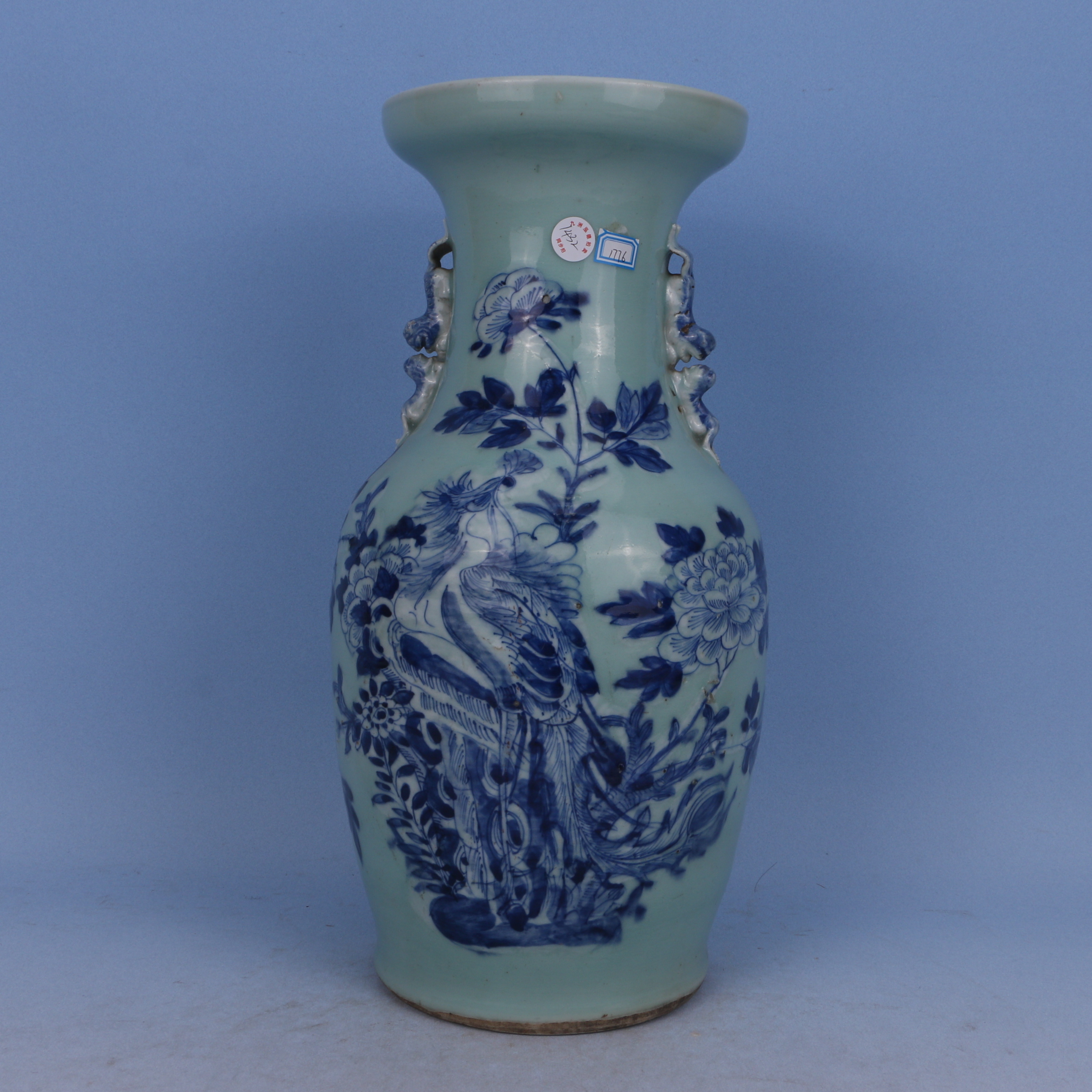 Lot1144  清中期  豆青加白青花凤纹双耳瓶  