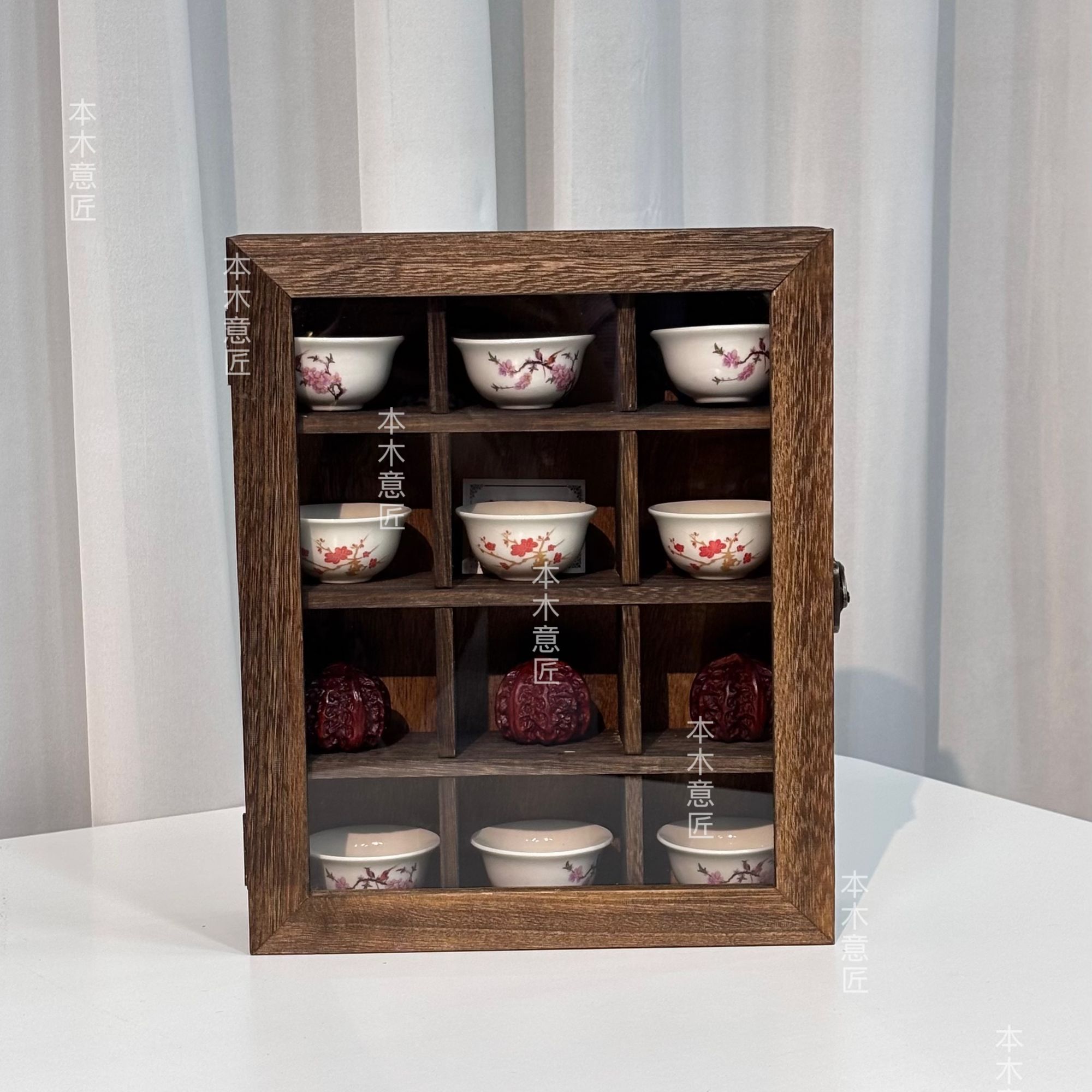 实木12宫格复古炭烧收纳盒玻璃收纳精致木质1111家用