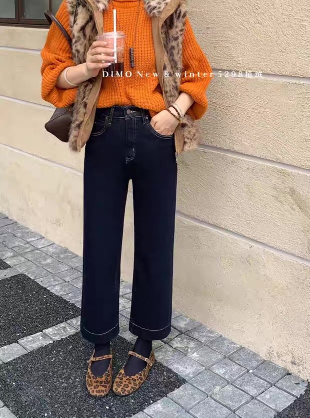 【5298-黑金植绒】 dimo家 冬季薄绒款 九分四面弹直筒牛仔裤