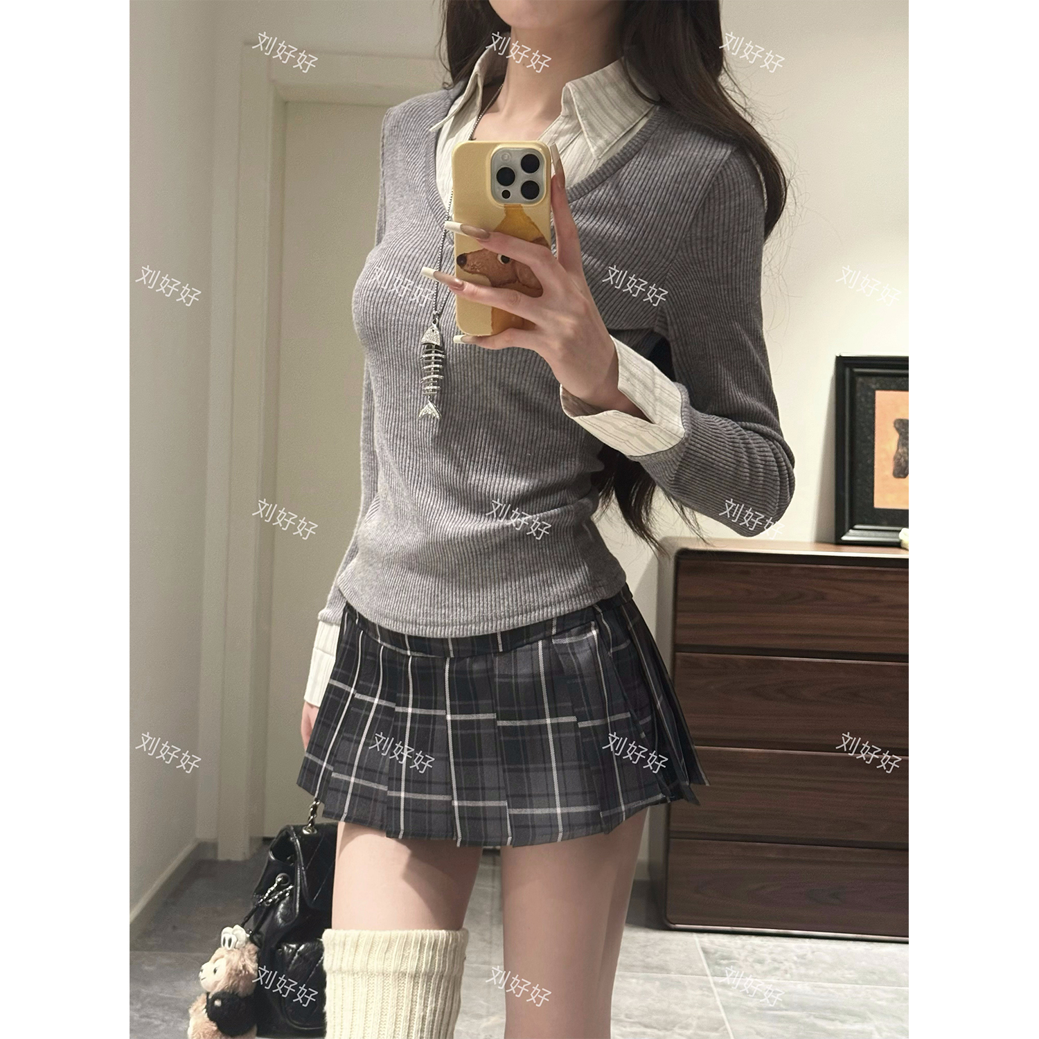 假两件长袖针织打底衫显瘦辣妹百搭修身设计感秋季纯欲风