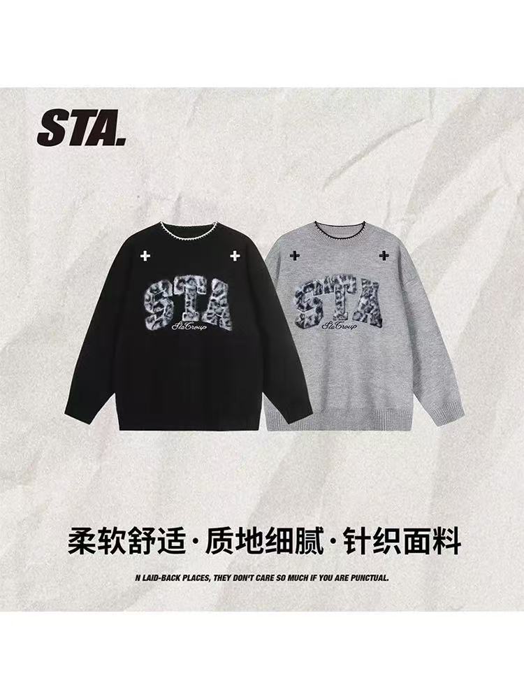 STA 圆领毛衣豹纹针织绣秋冬休闲慵懒男女潮牌针织衫柔软长袖宽松