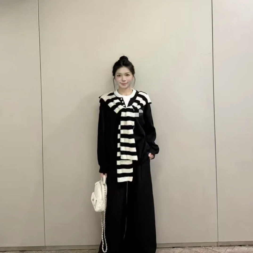 黑色带披肩长袖早秋女套装慵懒宽松休闲显瘦洋气三件套