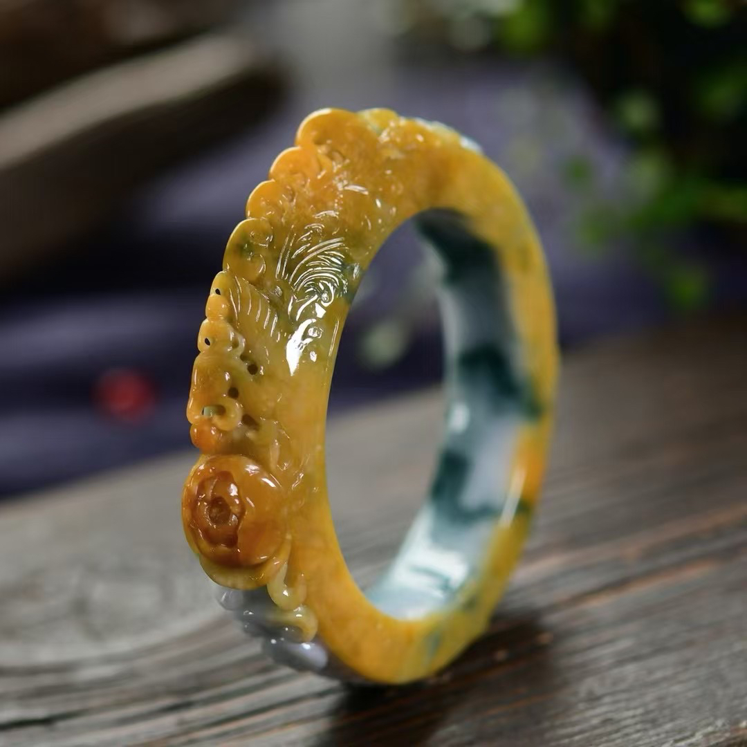 天然缅甸A货黄加蓝飘花翡翠58圈口雕刻仿古凤凰牡丹花平安手镯