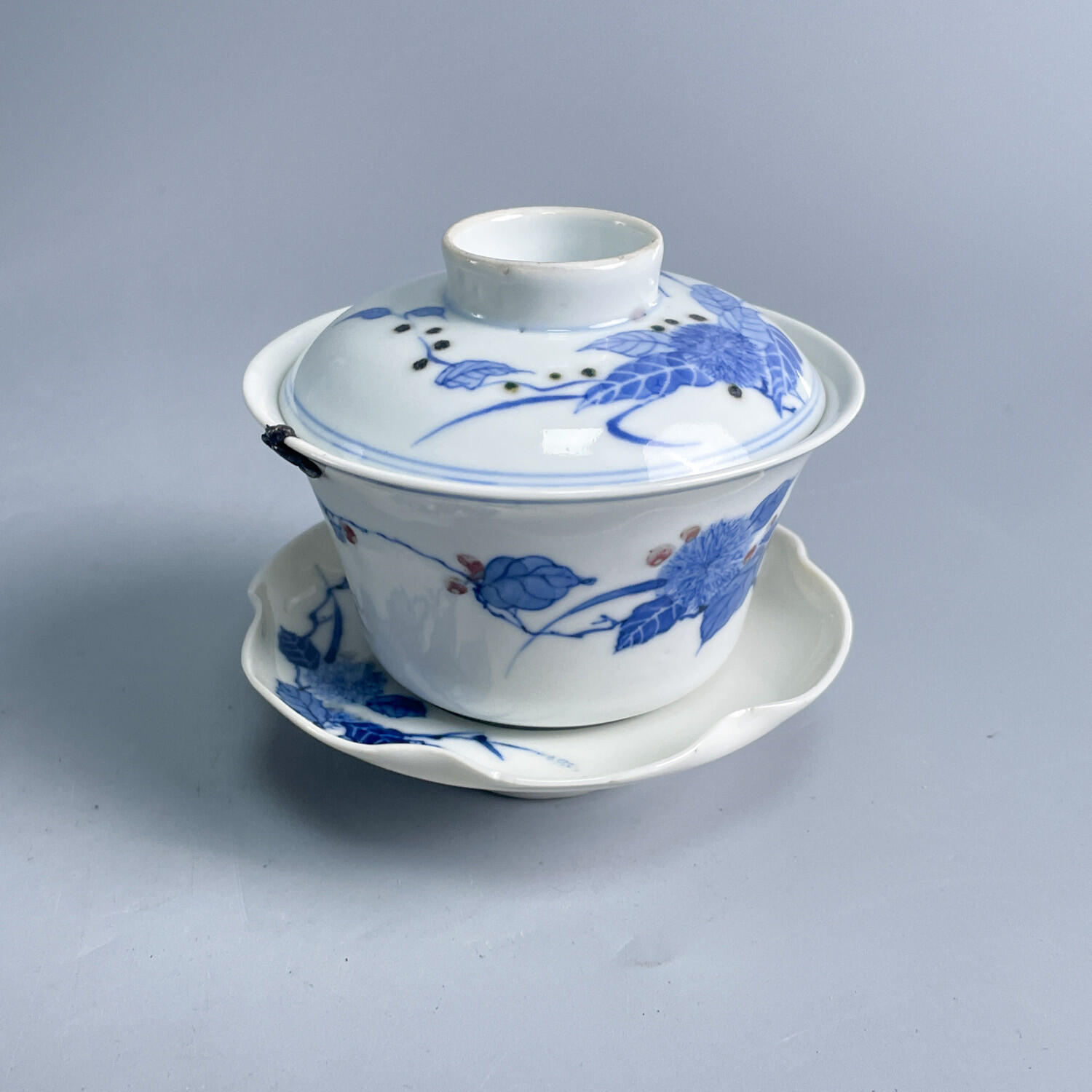 民国青花釉里红花卉纹盖碗-M25FZ008719