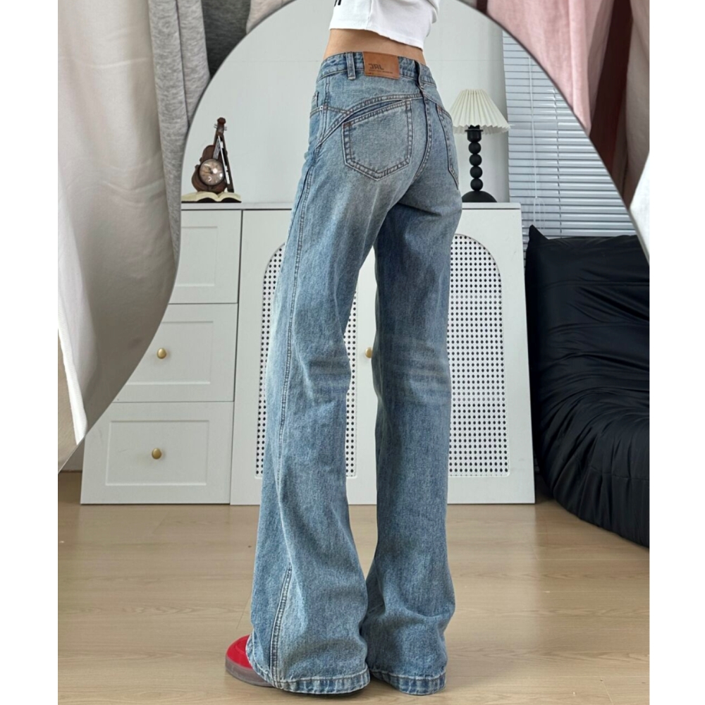 【清仓+运费险】复古口袋拼接设计做旧牛仔裤女肌理感微喇牛仔裤