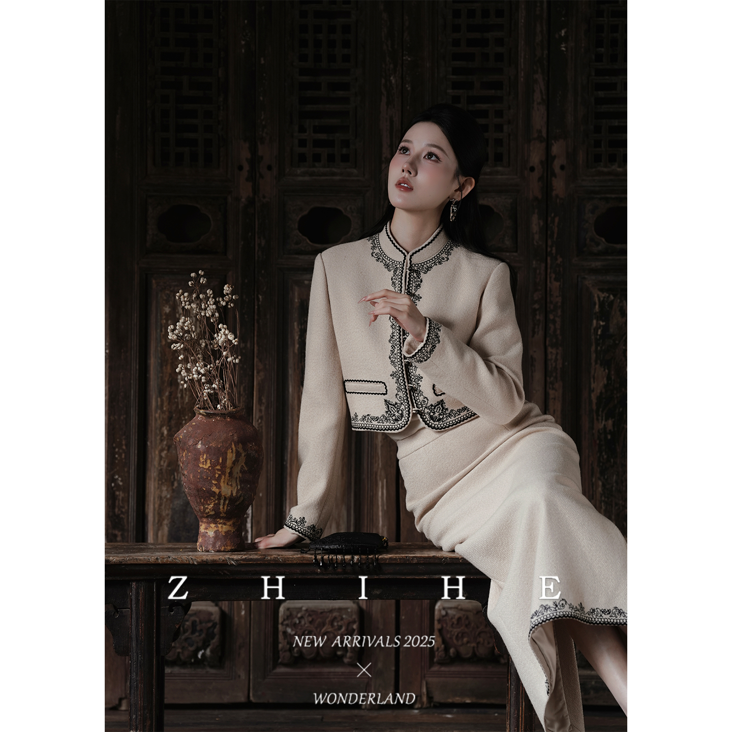 无艳一禾【木槿吟】静奢绵羊毛编织立领重工绣花外套+半裙